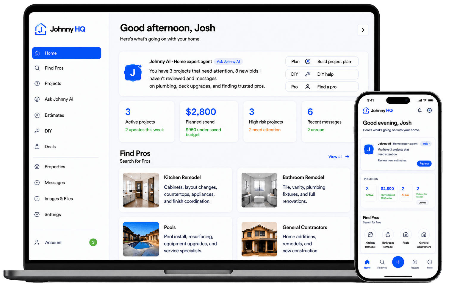 JohnnyHQ web and mobile app screens